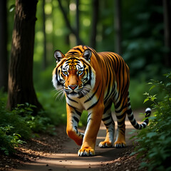 Obraz premium Tiger Walking on Forest Path with Trees