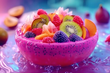 Vibrant tropical fruit smoothie bowl with dragon fruit, passion fruit, and kiwi, 