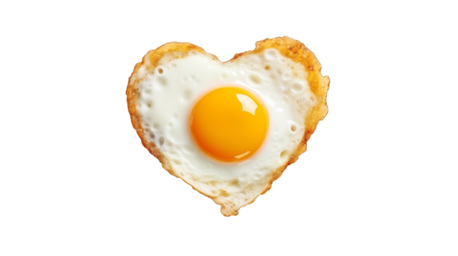 Heart-shaped fried egg breakfast food photography with a yolk Isolated on  transparent background.	