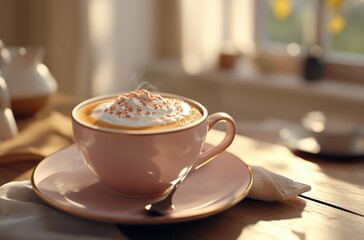 Warm cozy coffee scene with a perfectly made cappuccino in a stylish cup,