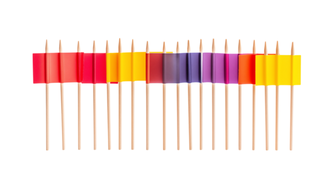 A line of colorful rectangular blocks on wooden sticks against a black background in a top down view