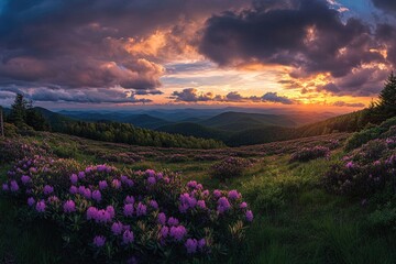 Panoramic sunset over mountaintops blanketed in vibrant pink rhododendrons