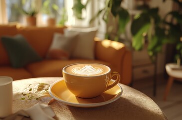 Warm cozy coffee scene with a perfectly made cappuccino in a stylish cup, 