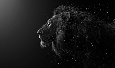 Abstract black low poly geometric background with a lion head silhouette on a dark isolated background, a polygonal mesh wireframe 3D rendering illustration.