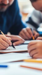 A man is writing with a pen on a piece of paper