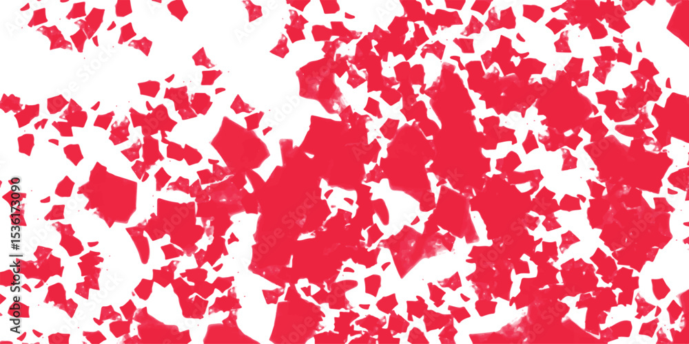 Poster abstract red geometric shapes scattered across a white background creating a modern and striking pat