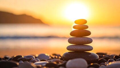 Balanced rock formations by the shore, peaceful ambiance and soft focus