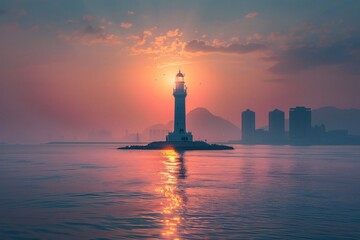 The echo of skyscrapers and lighthouse by the sea