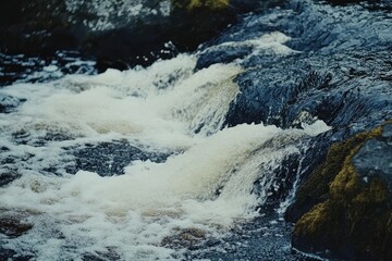 Obraz premium Fast-flowing water cascading over dark rocks