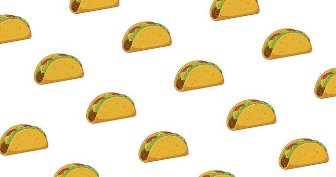 Motion video with Mexican taco illustration icons with vegetables moving crosswise and intertwined on a white background