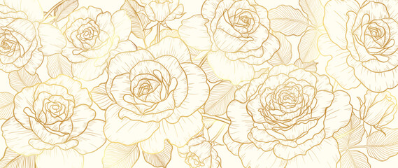 Luxury golden rose flower line art background vector. Natural botanical elegant flower with gold line art. Design illustration for decoration, wall decor, wallpaper, cover, banner, poster, card.