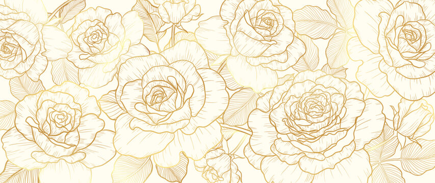 Luxury golden rose flower line art background vector. Natural botanical elegant flower with gold line art. Design illustration for decoration, wall decor, wallpaper, cover, banner, poster, card.