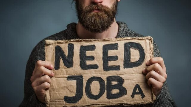 Seeking Employment: A poignant portrayal of a man, holding a sign, expressing a need for work against a somber background, capturing the essence of job-seeking.