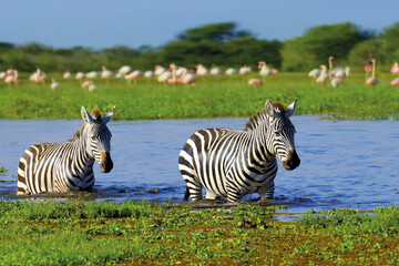 Zebra in the background flamingo. National Park of Kenya, Africa