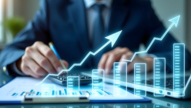 Rising Business: Close-up shot of hands meticulously analyzing graphs and charts, highlighting the dynamic ascent of business success, with an uplifting upward arrow emphasizing growth and progress.