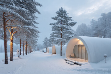 serene eco hotel featuring modern capsule houses nestled in snowy landscape surrounded by tall pine trees