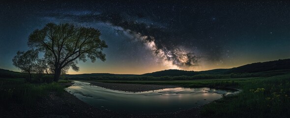 Milky Way over tranquil river, a lone tree