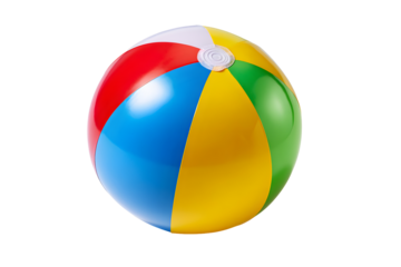Colorful inflatable beach ball with red yellow blue and white stripes isolated on transparent background