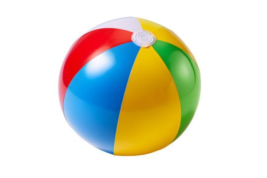 Colorful inflatable beach ball with red yellow blue and white stripes isolated on transparent background