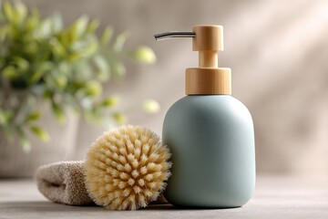 Light teal soap dispenser with wooden top, beside a body brush and a towel.