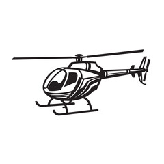 Simple black and white aviation illustration of a helicopter in flight with a clean and minimalist design representing travel