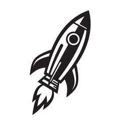 Simple monochrome vector illustration of a retro-styled rocket ship blasting off against a plain white background in silhouette