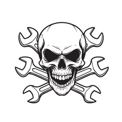 Skull mechanic silhouette with crossed wrenches depicting a bold automotive and repair symbol for diverse applications