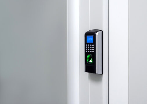 Digital screen with finger scanner and passcode panel, modern door access control on white wall at the entrance door with copy space. Fingerprint scan, security concept.