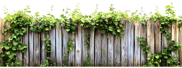 Classic old wooden fence with flourishing green plants isolated on a white or transparent background