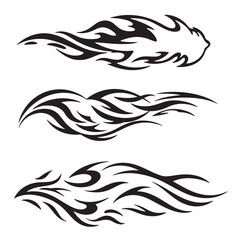 Three stylized tribal tattoo designs with flowing flame like shapes in black silhouette against a white background available for various design projects.