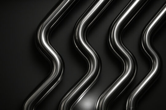 Shiny stainless steel pipes with smooth bends arranged in parallel on a dark background, emphasizing modern industrial design