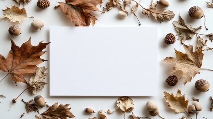 Blank paper surrounded by autumn leaves and acorns on white background