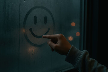 Hand drawing a smile face on a foggy window at night with glowing city lights in the rainy background