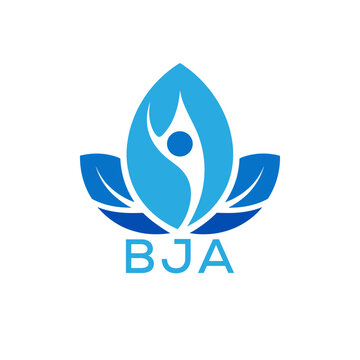 Modern Wellness Leaf Logo Design with Human Figure and BJA Letters in Blue Gradient.
