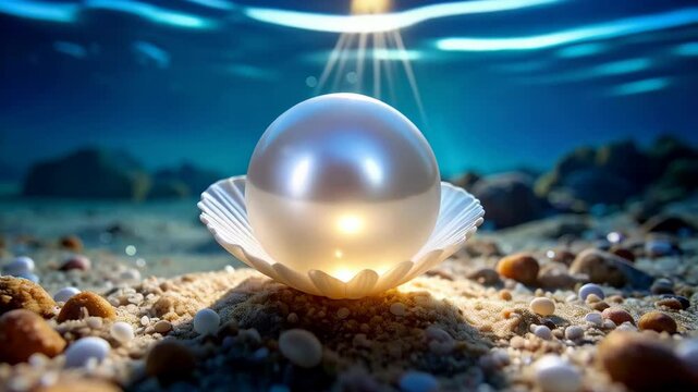 A luminous pearl rests inside a shell on a sandy seabed with rocks under a brilliant light in a serene ocean.