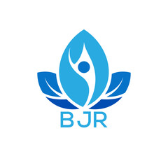 Modern Wellness Leaf Logo Design with Human Figure and BJR Letters in Blue Gradient.
