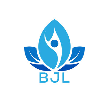 Modern Wellness Leaf Logo Design with Human Figure and BJL Letters in Blue Gradient.
