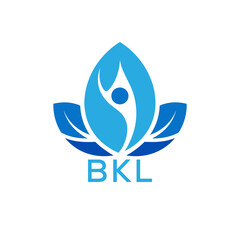 Modern Wellness Leaf Logo Design with Human Figure and BKL Letters in Blue Gradient.
