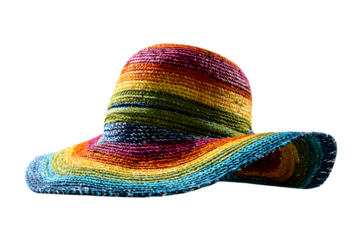 Colorful woven rainbow sun hat with wide brim for summer fashion isolated on transparent background
