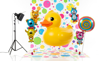 Giant Rubber Duck with Animal Balloons on Polka Dot Background