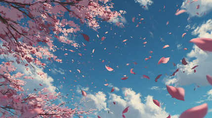 Pink and White Cherry Blossoms Falling in a Gentle Breeze Against a Blue Sky, Japanese anime, 