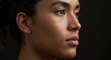 Side profile close-up of an androgynous person on a dark background.