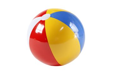 Colorful inflatable beach ball with red yellow blue and white stripes isolated on transparent background