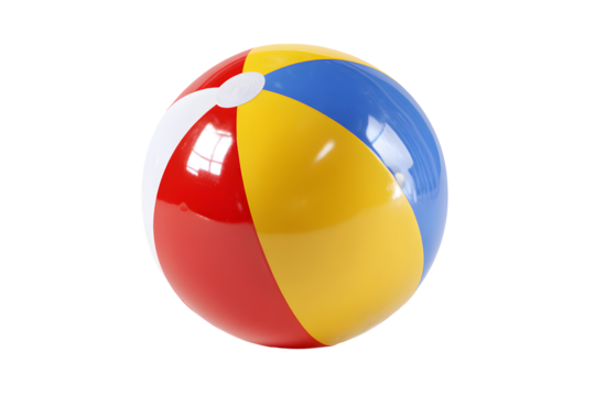 Colorful inflatable beach ball with red yellow blue and white stripes isolated on transparent background