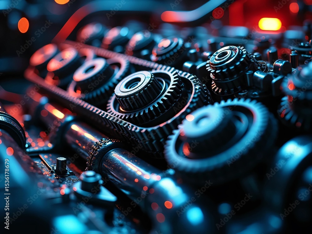 Poster closeup shot of the beautiful metallic gears and timing chains in a black machine, bokeh effect, hor