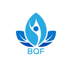 Modern Wellness Leaf Logo Design with Human Figure and BQF Letters in Blue Gradient.

