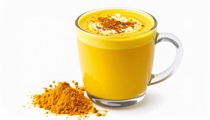A Golden turmeric latte in clear glass mug with oat milk, topped with latte art and turmeric powder on side