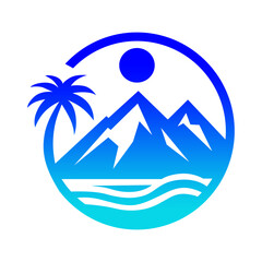 Obraz premium Tropical Paradise Mountains, Palm Tree, and Ocean in a Circular Logo