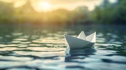 The small paper boat floating on the water
