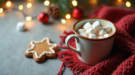 A Cozy holiday scene with hot chocolate topped with marshmallows, gingerbread cookie, and festive lights